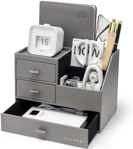 VLANDO Desk Organizer,PU Leather Office Storage with Compartments,Gray by VLANDO