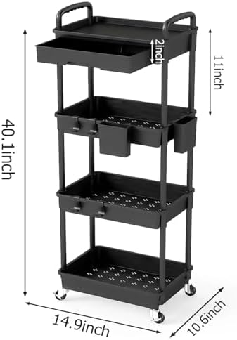 4 Tier Rolling Utility Cart with Drawer, Plastic Storage Organizer Rolling Carts with Wheels Handles Hanging Cups Hooks for Office, Bathroom, Kitchen,Craft Art Room (Black) - Image 2