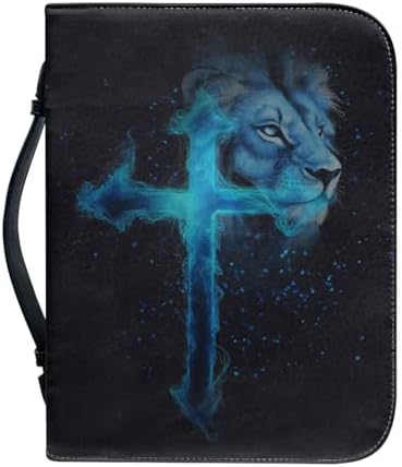 Blue Cross Lion Print Women's Bible Cover PU Leather Waterproof Bible Carrying Case for Church Zippered Large Capacity Book Protector with Top Handle Gifts for Christians by Glomenade
