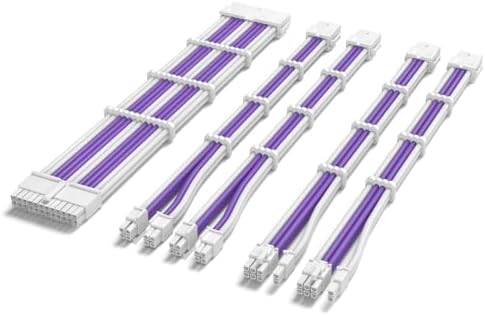 Sirlyr PSU Extension Cable Kit - Custom Sleeved Power Supply Mod for PC Build 16AWG 24Pin ATX/8 (4+4) Pin EPS CPU/8 (6+2) Pin PCI-E GPU PSU - White Purple 5 Kits by Sirlyr