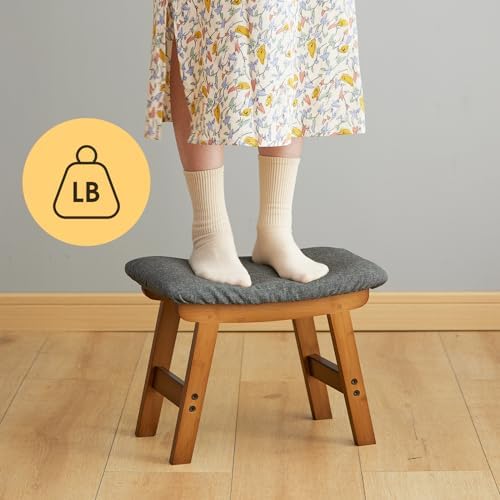 Foot Stool Ottoman Foot Rest Under Desk,Small Stool for Living Room, Bedroom and Kitchen (Brown Legs - Gray Stool Surface) - Image 4