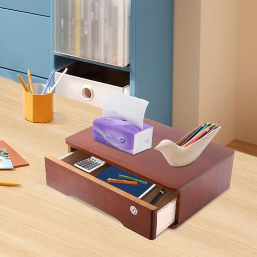 Desk Organizer with Drawer, Wooden Desktop Storage Box with Lockable Office Supplies Drawer Organizer Tabletop Storage Multifunctional Desktop Storage Box for Office Study Dresser（Walnut Color） by Xuthusman