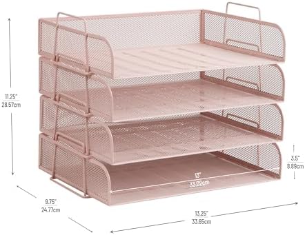 Mind Reader Stackable Paper Tray, Desktop Organizer, File Storage, Office, Metal Mesh, 4 Pcs., Pink (Pack of 4) - Image 3
