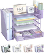 WALI Desk File Organizer, 5 Tier Desktop Paper Letter Tray Organizer with Drawer and 2 Pen Holders, Office Desk Accessories & Workspace Organizers for Office, Home Supplies(DO006DH-V), 1 Pack, Purple by WALI