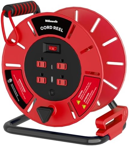 Extension Cord Storage Reel with 4-Grounded Outlet & 2 USB Port, 15A Circuit Breaker, Heavy Duty Open Cord Reel for 12/3,14/3 Gauge Power Cord, Hand Wind Retractable, ETL Listed Red R85CR06 by Wilawels