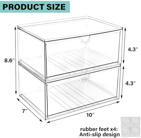 Prsildan Acrylic Makeup Organizer, 2 Pack Stackable Clear Storage Drawers for Baby Bottles Desk Organizers with 2 Drawers for Countertop Vanity Nursery Modular System for Cosmetics Jewelry - Image 3