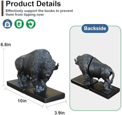 Decorative Bookends, Art Book Ends for Heavy Books, Heavy Bookends for Shelves, Vintage Non-Slip Base Book Holder, Resin Book Stopper for Home Office Decor (Black Buffalo) - Image 3