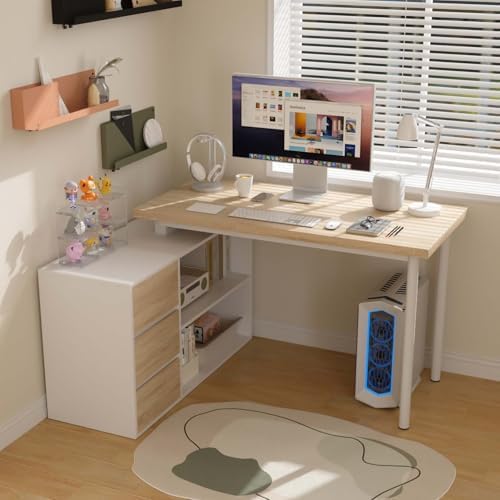 Bobve L Shaped Computer Desk, 47 Inch Home Office Desk with File Drawers & Storage Shelves, Small Corner Computer Desk for Small Space (White + Walnut) by Bobve