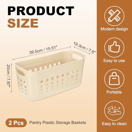 uxcell 2Pack Pantry Plastic Storage Baskets, 15.55x7.87x7.6 Stackable Organizer Container with Handle Organization Bins for Shelves Bathrooms Bedrooms Closet Desktop Cabinets, Beige - Image 2