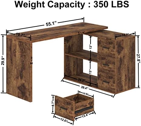 HSH L Shaped Computer Corner Desk with Storage Drawers 55 inch Rustic Brown - Image 2
