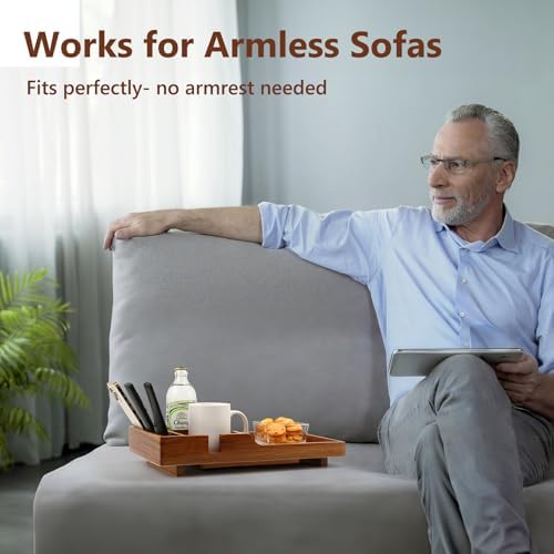 Couch Insert Tray for Middle Seat, Acacia Wood Couch Table with 2 Cup Holders, Fits Armless Sofa & Sectionals, Fold-Flat Tray for Drinks, Snacks & Remotes - Image 6
