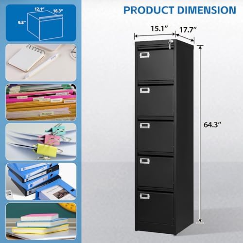 BYNSOE 5 Drawer File Cabinet with Lock Metal Vertical File Cabinet Office Home Vertical File Cabinet for A4 Legal/Letter Size Narrow File Cabinet Locked,Assembly Required - Image 3