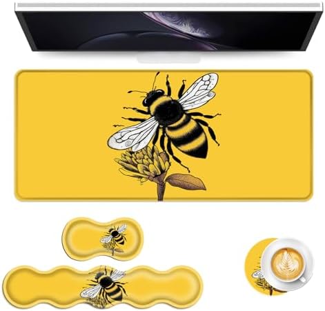 Keyboard Mouse Pad Set, Extended Gaming Mouse Pad+Ergonomics Keyboard Wrist Rest Support, Memory Foam, Easy Typing Pain Relief, 4Pcs XL Ultra Thick Desk Mat,Honey Bee by Vobber