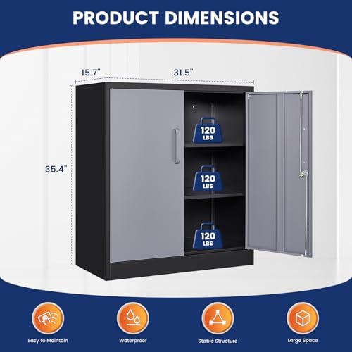 Yizosh Metal Garage Storage Cabinet with 2 Doors and 2 Adjustable Shelves - 35.5" Steel Lockable File Cabinet for Home Office,Garage,Gym,School（Gray Black） - Image 3