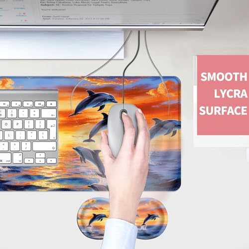 Mouse Pad,Large Desk Mat Set, 4in1 XL Mousepad + Keyboard Wrist Rest+Mouse Wrist Rest+Coaster with Ergonomic Desk Pad for Home Office Table Computer Cover -Dolphin Jumping Ocean Sunset Beach - Image 4