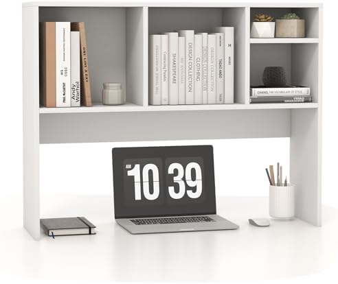 LDAILY Moccha Desktop Bookshelf, 2-Tier Countertop Storage Hutch, Wood Storage Rack Display Shelf with 4 Shelves for Computer Desk, Multipurpose Desk Organizer Desk Hutch for Home Office Dorm (White) by LDAILY