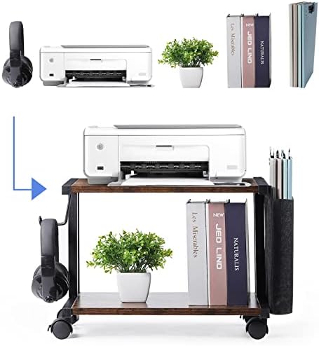 Printer Stand with Storage Bag Under Desk Printer Table on Wheels 2 Tier Small Desktop Rolling Stand Shelf for Fax Machine Scanner Files (Brown) - Image 2