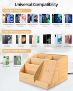 Bamboo Pen Holder with Wireless Charger, Desk Organizer 5 Compartments - Image 4