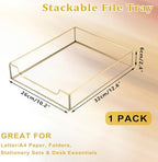 BTSKY 1 Pack Golden Glass Desk Tray, Multi-Purpose Organizer for A4 Paper, Documents, Desk Supplies, Makeup, Clear File Tray with Metal Frame, Stackable Decorative Storage for Home Office Vanity - Image 3