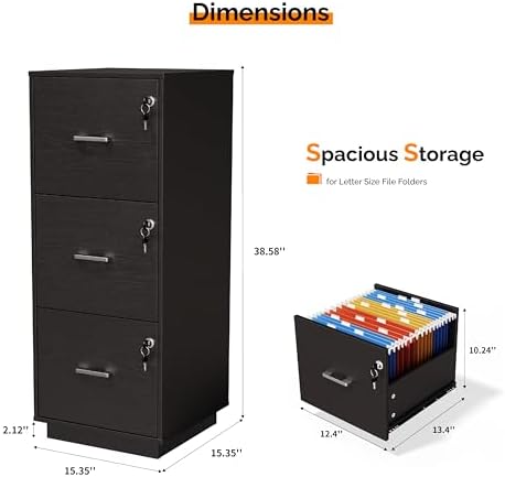 VINGLI 3 Drawer File Cabinet with Lock, Home Office Filing Organizer, for Letter Size File Folder Storage, Wood Tall Vertical Filing Cabinet, Printer Stand, Archivador (Black) - Image 3