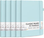 feela 5 Pack Notebooks Journals Bulk, Hardcover Notebook Classic Ruled Lined Journals with Pen Holder for Women Girls School Business Supplies, with 5 Black Pens, 120 GSM, 5.1”x8.3”, A5,Sky Blue by feela