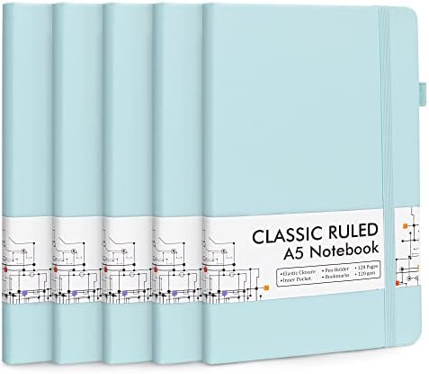 feela 5 Pack Notebooks Journals Bulk, Hardcover Notebook Classic Ruled Lined Journals with Pen Holder for Women Girls School Business Supplies, with 5 Black Pens, 120 GSM, 5.1”x8.3”, A5,Sky Blue by feela