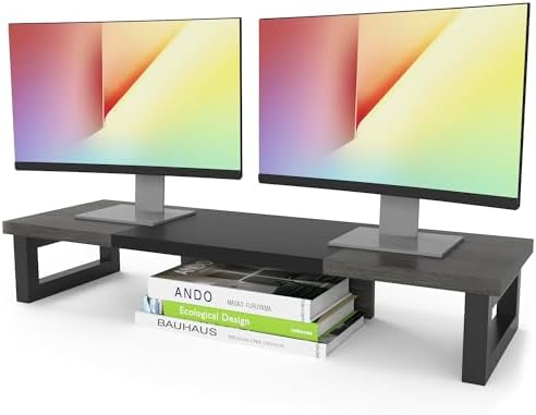 WESTREE Dual Monitor Stand Riser, Wood and Steel Monitor Stand Riser, Computer Monitor Stand for 2 Monitors, Multi-Purpose Desktop Storage Stand for Computer,Laptop,Printer,TV by WESTREE