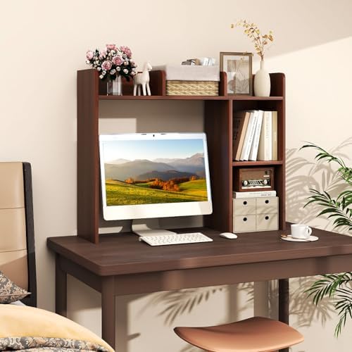 DREAMADE Desktop Bookshelf, 3-Tier Desk Shelf with 5 Racks, Walnut - Image 2