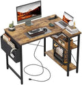TIQLAB Small Computer Desk with Power Outlets, 40 Inch L Shaped Desk with Reversible Shelves, Gaming Desk Corner Desk Study Writing Desk for Home Office Bedroom Small Space, Rustic Brown by TIQLAB