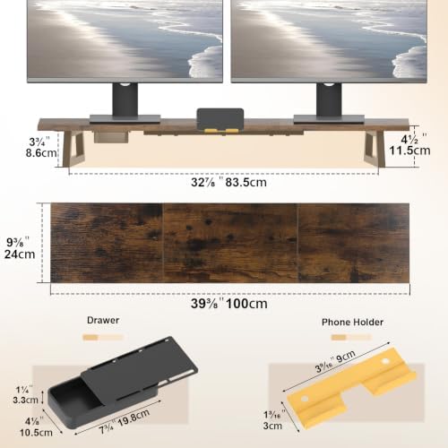 TEAMIX 39.4 inch Dual Monitor Stand Riser with Drawer & Phone Holder, Brown - Image 5