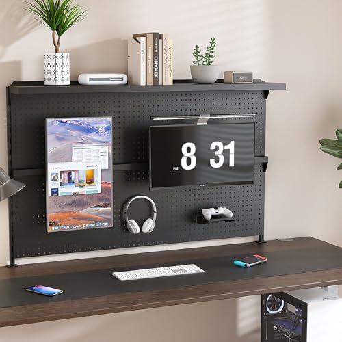Metal Pegboard Desk Organizer with Dual Monitor Stand, 59x35 Inch Large Privacy Panel with 3 Accessories, Sturdy Gaming & Office Desk Wall Organizer, Black by Creatingcomfortableliving