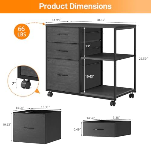VINGLI 3 Drawer File Cabinet with Wheels Under Desk Printer Stand, Rolling File Cabinet with Shelves Adjustable, Mobile Lateral Filing Cabinet for Home Office, Fits Letter Size, Black - Image 3