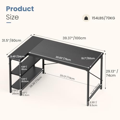 DUMOS 39" L Shaped Computer Desk, Corner Desks with Storage Shelves, Black - Image 3