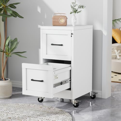 2-Drawer Rolling Metal File Cabinet with Lock, Narrow, White by Unknown