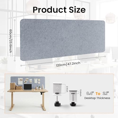Felt Desk Divider, Clamp-On Privacy Panel, 24 x 48 Inch, Light Gray - Image 2