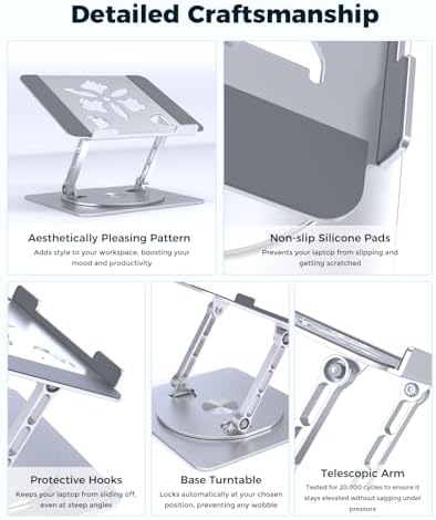 Aoviho 360° Rotating Laptop Stand for Desk | Adjustable, Foldable, Portable Aluminum Ergonomic Riser | Compatible with MacBook, Dell, HP & All Laptops 10-16 inch | Silver - Image 6