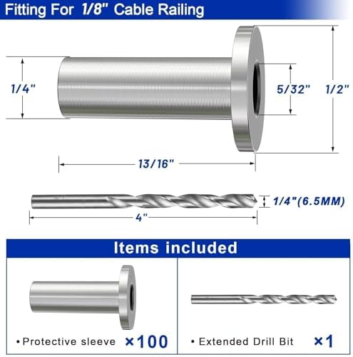 Steel DN Mate 100 Pack Stainless Steel Protector Sleeves for 1/8" Wire Rope, Cable Railing Hardware for Deck/Cable Railing System, T316 Marine Grade, Cable Sleeves Come with a Drill Bit DE50 - Image 2