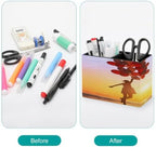 PU Leather Multi-Compartment Pen Holder Desktop Organizer Pencil Cup Storage Caddy for Office Home Supplies Happiness Or Dream Concept Silhouette of Happy Woman Jumping with Multicolored Balloons at S - Image 3