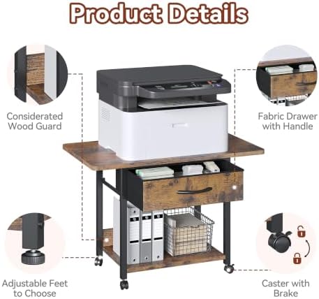 Printer Stand with Storage, 2-Tier Printer Table with Locking Wheels, Under Desk Rolling Table Cart for Home Office, Fit Fax Machine Scanner, Brown - Image 5