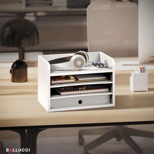 Ballucci File Organizer, 4-Tier Office Desk Organizer, Open Top Wood Paper Organizer for Classroom, Mail Sorter Paper Tray with Adjustable Storage Shelves, White - Image 3