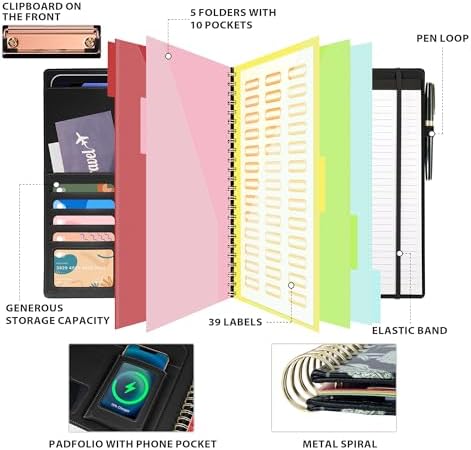 Ospelelf Clipboard with Storage for Women, Leather Padfolio Portfolio Organizer 5 Folders with 10 Pockets, Spiral Clipboard Folio with Notepad for Letter Size, Elastic Closure and Pen Loop Floral - Image 3