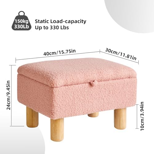 Aibiju Teddy Velvet Small Ottoman Foot Rest, Foot Stools with Storage Small, Upholstered Rectangle Wood Ottoman with Safety Hinge Flip Top, Bed Stool for Bedroom Dorm Teddy Pink YD-JD136P - Image 3