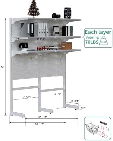 JWX Standing Pegboard Shelf Unit, White Gaming Home Office Garage Cabinets with Metal Pegboard and 15 Pieces Organizer Tool Holders - Image 3