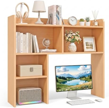 SUPER DEAL Desktop Bookshelf, Countertop Storage Hutch with 3 Shelves for Computer Desk, 2-Tier Display Rack, Multipurpose Wood Desk Hutch Storage Organizer for Home Office Dorm, Natural by Superdeal