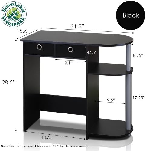 Furinno GO GREEN Desk, 31.5" Wide Gaming Desk with 2 Side Shelves and Storage Bins, Computer Desk, Office Desk for Home Office, Study Room, Dorm, Bedroom, Black - Image 2
