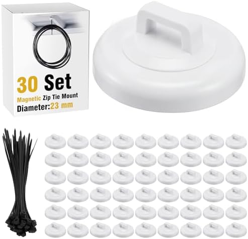 Leinuosen 30 Set Magnetic Zip Tie Mount and Nylon Cable Ties, 23 mm Multipurpose Wire Cable Holder Mount Wire Clips Management Electrical Organization Supplies(White) by Leinuosen