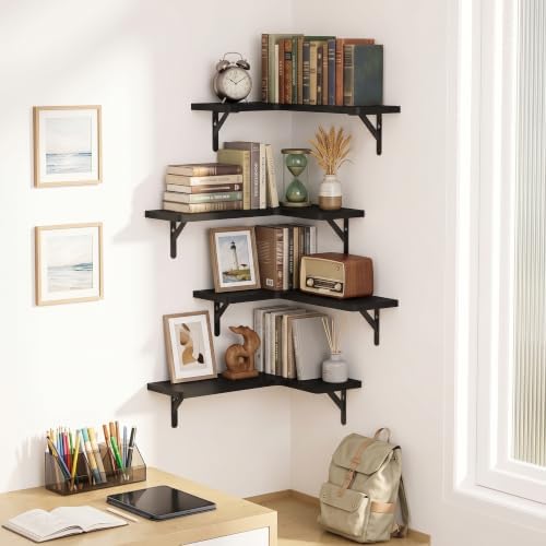 Amada Corner Floating Shelves, Paulownia Wood, Set of 4, Black - Image 2