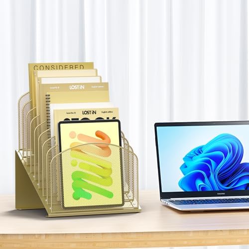 Sinboun Inclined Desk File Organizer Folder Holder with 8-Section, Gold - Image 2