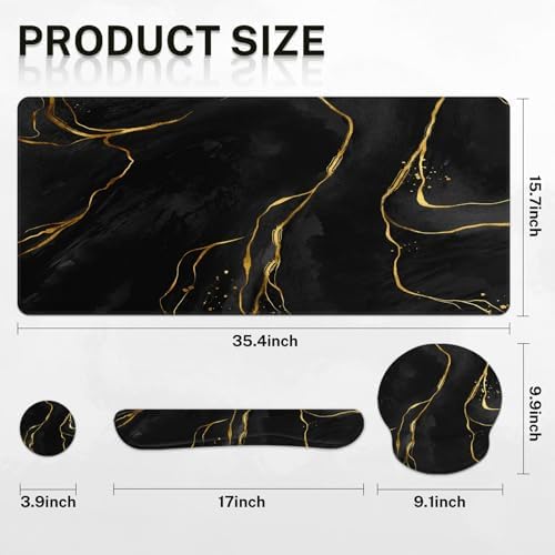 Britimes Keyboard Mouse Pad Set, 4 in 1 Desk Mat Set, Marble Black Gold - Image 2