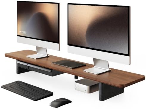 Fenge 42.5" Dual Monitor Stand with Storage Drawer & Solid Wood Legs, Brown by Fenge